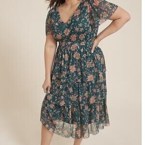 Maurices Teal Floral Mesh Midi Dress Tiered NEW Plus Size 3X